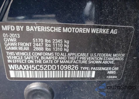 2013 BMW 528I xDrive из США, поврежденный, VIN WBAXH5C52DD109826